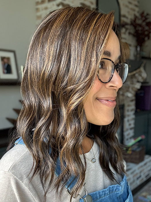 Brea @getwiggywithbrea wearing COREY by ENVY in color AMARETTO CREAM | Dark Brown roots with overall Medium Brown base with Honey Blonde highlights