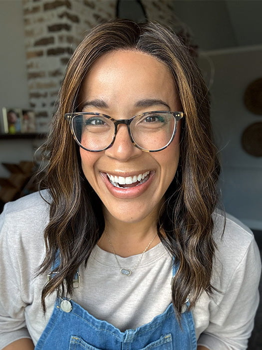 Brea @getwiggywithbrea wearing COREY by ENVY in color AMARETTO CREAM | Dark Brown roots with overall Medium Brown base with Honey Blonde highlights
