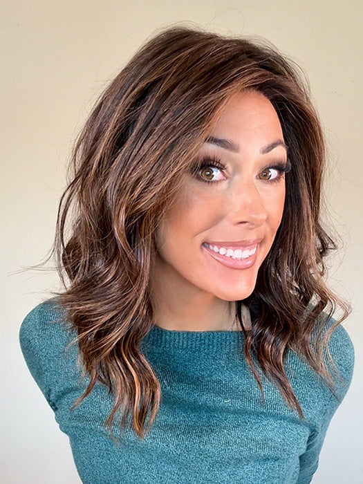 Nichole Corbett @nicholealee wearing COREY by ENVY in color AMARETTO CREAM | Dark Brown roots with overall Medium Brown base with Honey Blonde highlights
