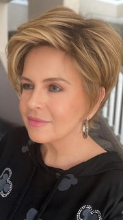 Donna @style.me.ageless wearing RELAX by ELLEN WILLE in color TOBACCO ROOTED 8.27.26 | Medium Brown, Dark Strawberry Blonde, and Light Golden Blonde Blend with Shaded Roots