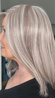 Mel B. @mels.be.ageless wearing DAVINA by RENE OF PARIS in color FROZEN MULBERRY | Pale White-Grey Platinum base with subtle Lavender and Frosted Berry Tones delicately woven throughout