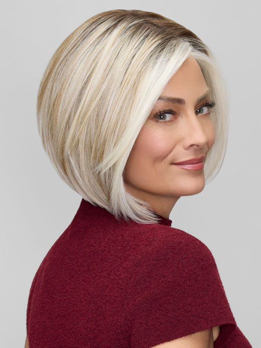 Model is wearing DAWN in CATALINA BLONDE 101/88/27S8 | Pale blonde with Pure White Natural Violet halo highlights, shaded medium brown
