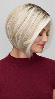 Model is wearing DAWN in CATALINA BLONDE 101/88/27S8 | Pale blonde with Pure White Natural Violet halo highlights, shaded medium brown