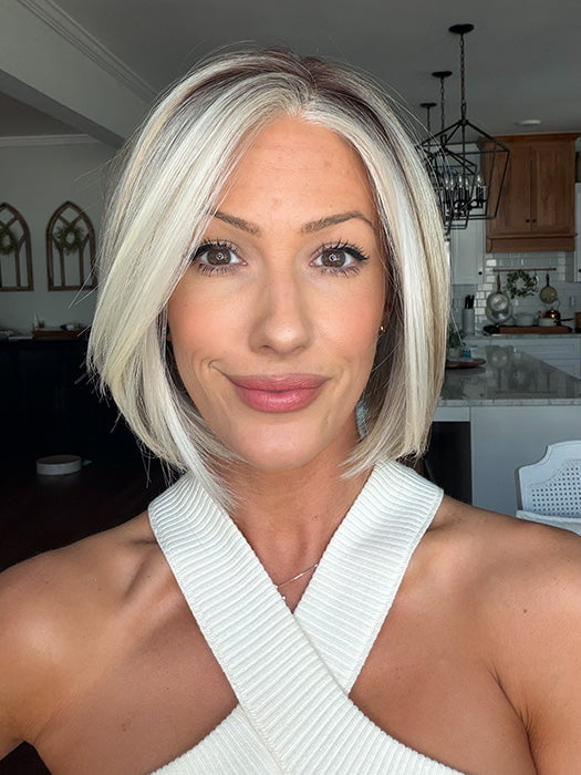 Jenna Fail @jenna_fail wearing DAWN by JON RENAU in color 101/88/27S8 CATALINA BLONDE | Pale blonde with Pure White Natural Violet halo highlights, shaded medium brown