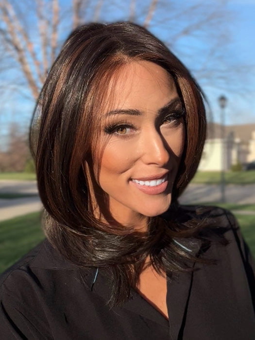 Nichole Corbett @nicholealee wearing DREW by JON RENAU in color FS4/33/30A MIDNIGHT COCOA | Dark Brown, Medium Red, Medium Natural Red Blonde/Brown Blend with Medium Natural Red Blonde/Brown Blend Bold Highlights