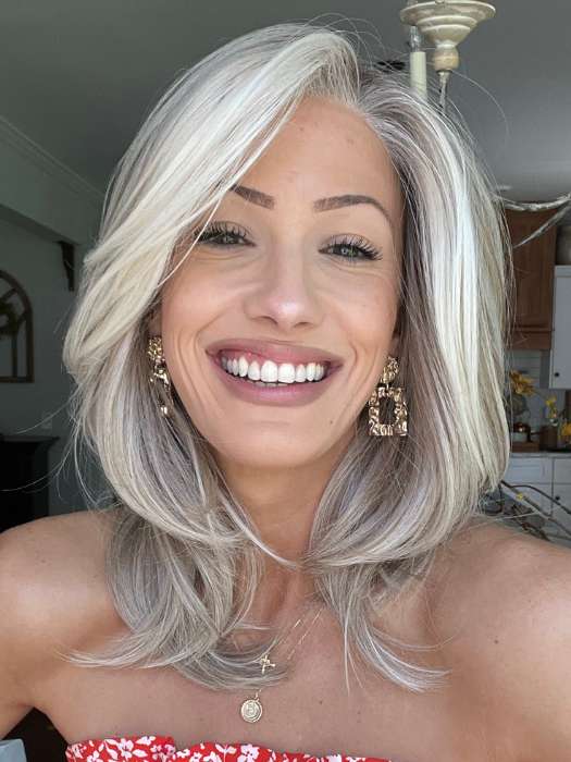 Jenna Fail @jenna_fail wearing DREW by JON RENAU in color 101/88/27S8 CATALINA BLONDE | Pale blonde with Pure White Natural Violet halo highlights, shaded medium brown