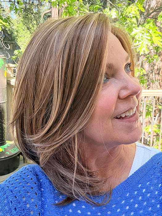 Susan @an_affair_with_hair wearing DREW by JON RENAU in shade FS27 STRAWBERRY SYRUP | Medium Red-Gold Blonde with Gold Blonde Bold Highlights
