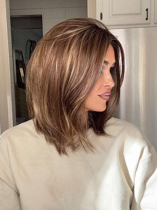 Crystal @crystallhoneycutt wearing FALLON by ESTETICA in color CKISSRT4 | Golden Brown with Copper Blonde Highlights and Dark Brown Roots