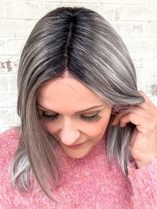 Marcie Mertz @wig.obsessed wearing FALLON by ESTETICA in color CHROMERT1B | Gray and White with 25% Medium Brown Blend and Off-Black Roots