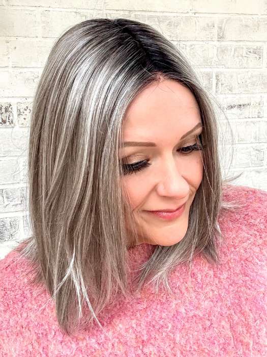 Marcie Mertz @wig.obsessed wearing FALLON by ESTETICA in color CHROMERT1B | Gray and White with 25% Medium Brown Blend and Off-Black Roots