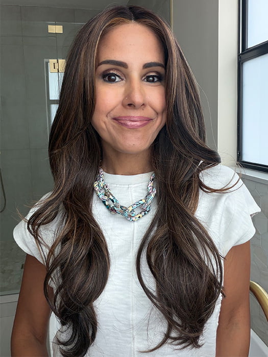 Lorena C. @faux.hurr.lifee wearing FEATURE LENGTH by RAQUEL WELCH in color RL8/29SS SHADED HAZELNUT | Warm Medium Brown Evenly Blended with Ginger Blonde with Dark Roots