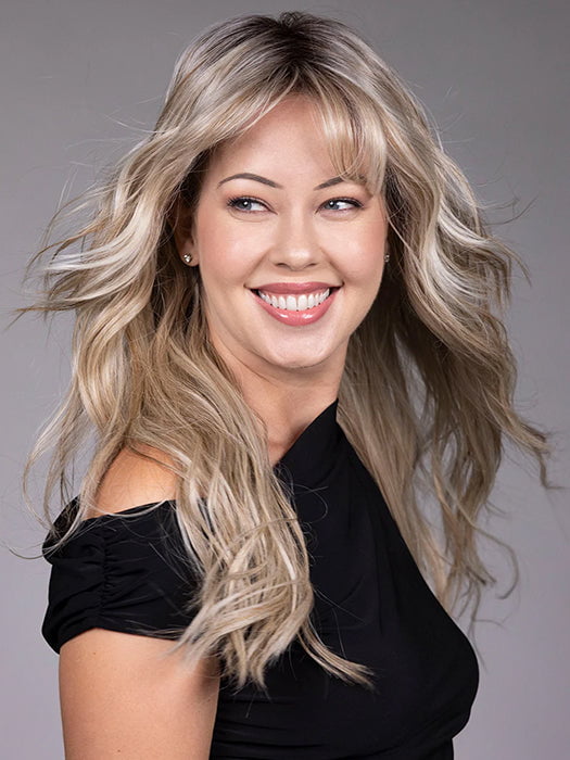 Model is wearing GAIA in BUTTER BEER R | Dark Brown Base and Root that transitions smoothly into a buttery blonde, infused with creamy honey and toffee tones