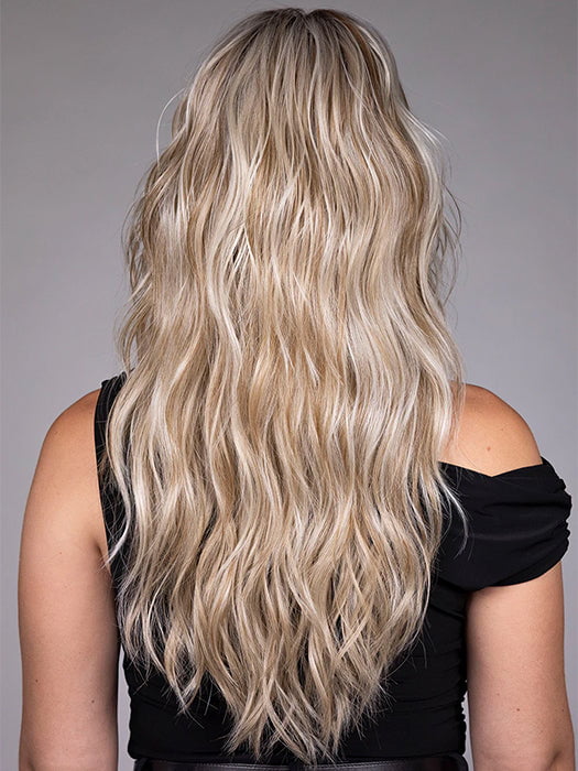 Model is wearing GAIA in BUTTER BEER R | Dark Brown Base and Root that transitions smoothly into a buttery blonde, infused with creamy honey and toffee tones