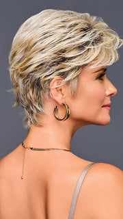 Model is wearing ON SET by GABOR in shade GF19-23SS BISCUIT | Light Ash Blonde Evenly Blended with Cool Platinum Blonde with Dark Roots