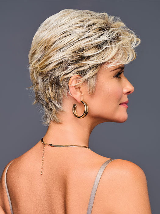 Model is wearing ON SET by GABOR in shade GF19-23SS BISCUIT | Light Ash Blonde Evenly Blended with Cool Platinum Blonde with Dark Roots