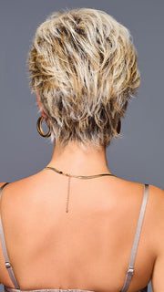 Model is wearing ON SET by GABOR in shade GF19-23SS BISCUIT | Light Ash Blonde Evenly Blended with Cool Platinum Blonde with Dark Roots