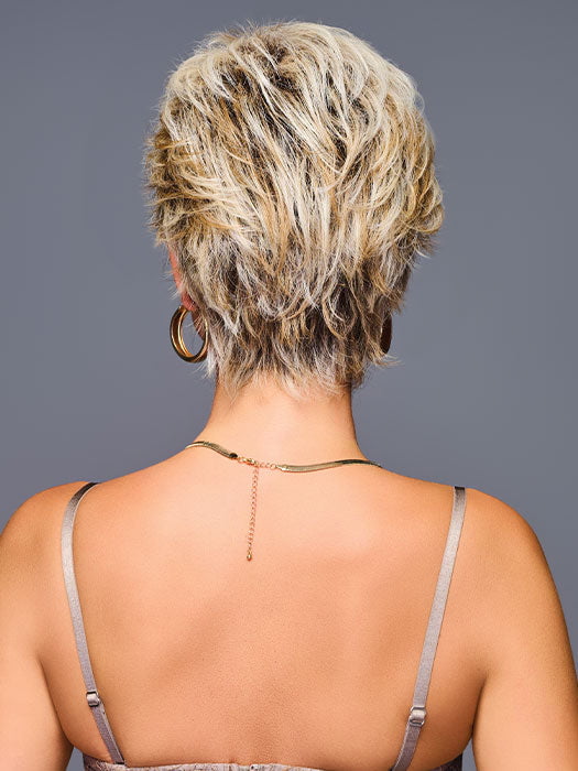 Model is wearing ON SET by GABOR in shade GF19-23SS BISCUIT | Light Ash Blonde Evenly Blended with Cool Platinum Blonde with Dark Roots
