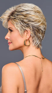 Model is wearing ON SET by GABOR in shade GF19-23SS BISCUIT | Light Ash Blonde Evenly Blended with Cool Platinum Blonde with Dark Roots