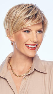 Model is wearing FRIENDSHIP by GABOR in color SS-LIGHT-BLONDE | Light Blonde with Golden Highlights & Dark Brown Roots