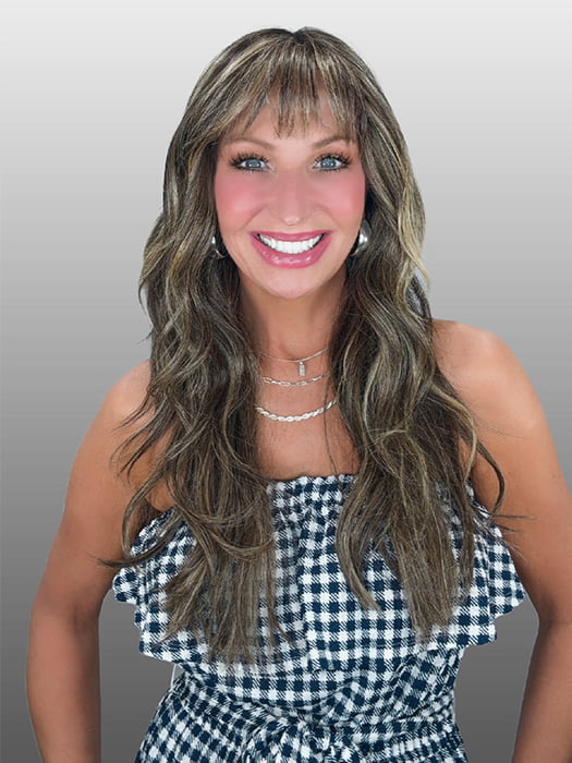 Kim Hammon @letstalkwithkim is wearing GAIA by BELLE TRESS in color CHOCOLATE BUTTERCREAM R | Medium and Dark Brown Rooted with a Blend of Medium Brown and Dark Blonde