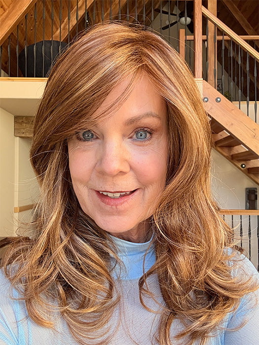 Susan @an_affair_with_hair wearing GISELE by JON RENAU in color FS27 STRAWBERRY SYRUP | Medium Red-Gold Blonde with Gold Blonde Bold Highlights
