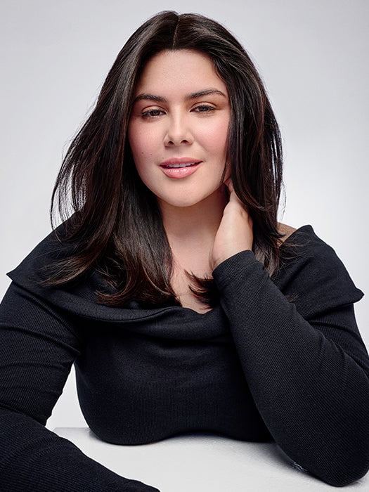 Model is wearing HD 14IN AU NATUREL TOPPER in color R2/4 | Darkest Brown and Dark Brown Blend
