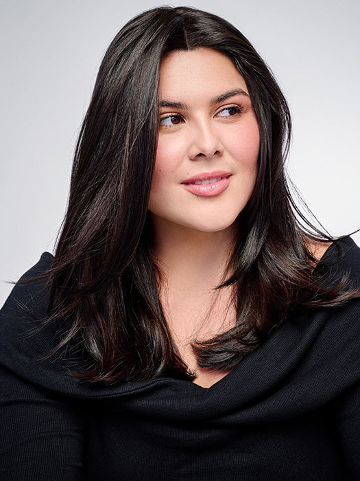 Model is wearing HD 14IN AU NATUREL TOPPER in color R2/4 | Darkest Brown and Dark Brown Blend