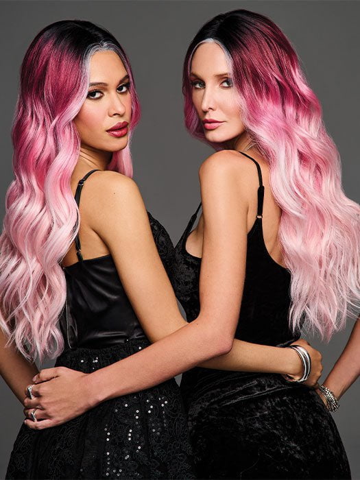 Model is wearing BUBBLEGUM BABE | Dark roots transition into a soft raspberry shade and gradually pales to soft pastel ends. 