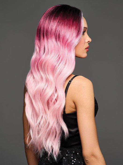 Model is wearing BUBBLEGUM BABE | Dark roots transition into a soft raspberry shade and gradually pales to soft pastel ends. 