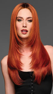 Model is wearing SS31 ROOTED FLAME | Rich Red with orange highlights throughout