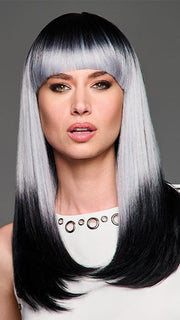 Model is wearing MIDNIGHT MOONLIGHT | Deep roots fade into a luminous silver-grey with inky dip-dyed ends.