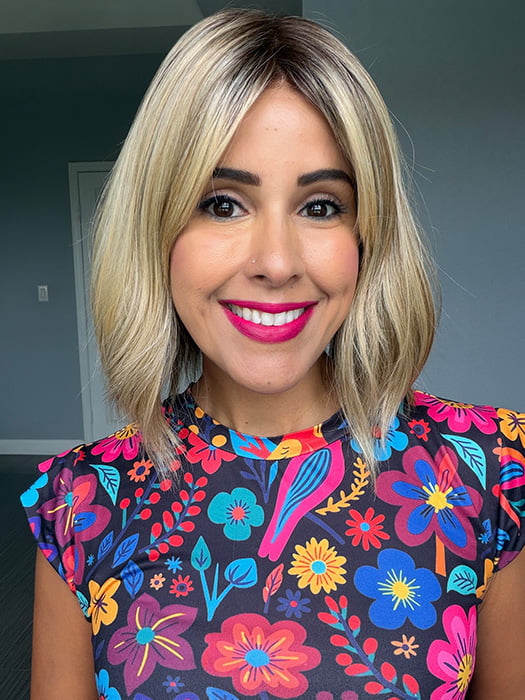 Lorena @faux.hurr.lifee wearing HOLLIE PETITE by JON RENAU in color 12FS8 SHADED PRALINE | Light Gold Brown, Light Natural Gold Blonde & Pale Natural Gold-Blonde Blend, Shaded with Medium Brown