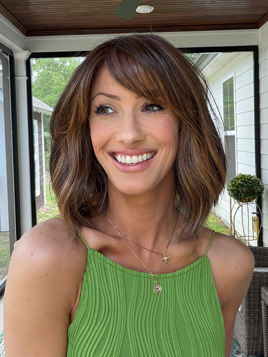 Jenna @jenna_fail wearing HOLLIE by JON RENAU in color 6F27 CARAMEL RIBBON | Brown with Light Red-Gold Blonde Highlights & Tips