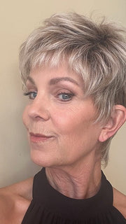 Susan S. @an_affair_with_hair wearing STRAIGHT CHIC by RAQUEL WELCH in RL19/23SS SHADED BISCUIT | Light Ash Blonde Evenly Blended with Cool Platinum Blonde with Dark Roots