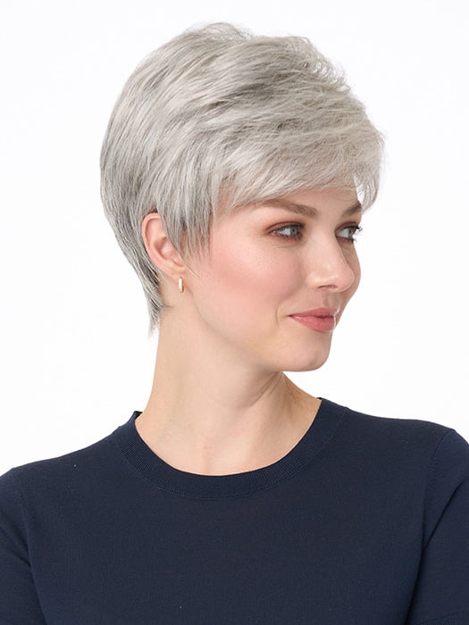 Model is wearing JAMIE by ENVY in color MEDIUM GREY | Salt and Pepper Grey 50% Medium Brown 50% Grey