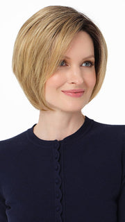 JULIET by ENVY in color BUTTERSCOTCH SHADOW | A blend of Strong, Golden Blonde and Light Blonde with Dark Brown Roots