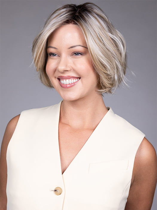 Model is wearing KATE by BELLETRESS in color BUTTERBEER R | Dark Brown Base and Root that transitions smoothly into a buttery blonde, infused with creamy honey and toffee tones