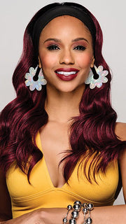 20IN WAVY WAVES HEADBAND WIG by Kim Kimble in MC4/35SS SANGRIA | Dark Rooted Red with Fiery Red Highlights. PPC MAIN IMAGE 