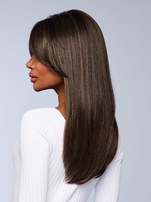 Model is wearing CHARICE in color MC4/10SS ESPRESSO MARTINI | Dark Brown with Lighter Brown Highlights