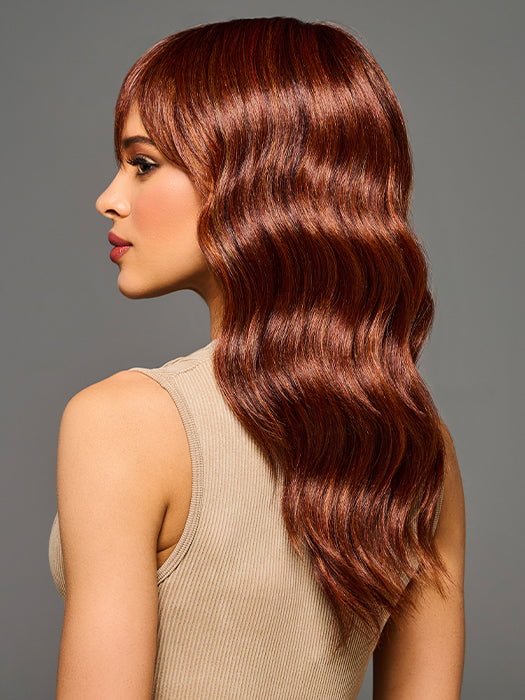 Model is wearing KALIYAH in color MC30/130SS CHERRY COLA | Dark Red with Copper Highlights