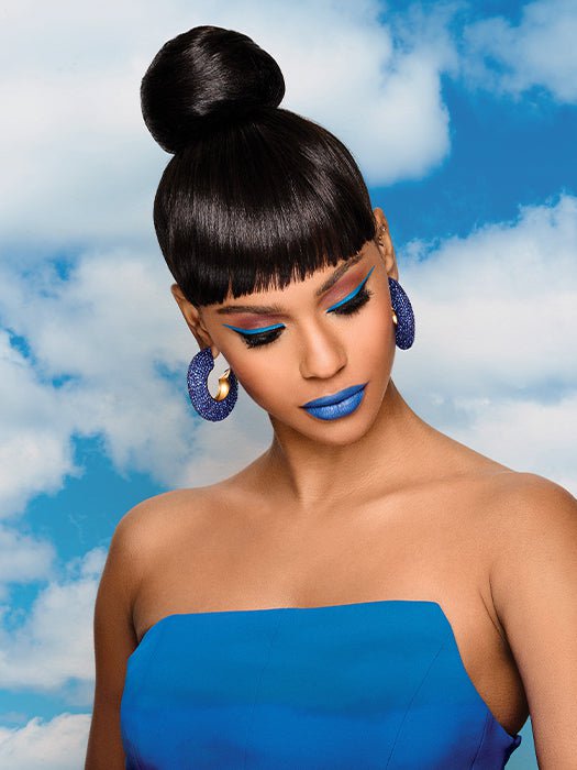 Sleek Style Bun & Bangs attaches to your hair with a drawstring