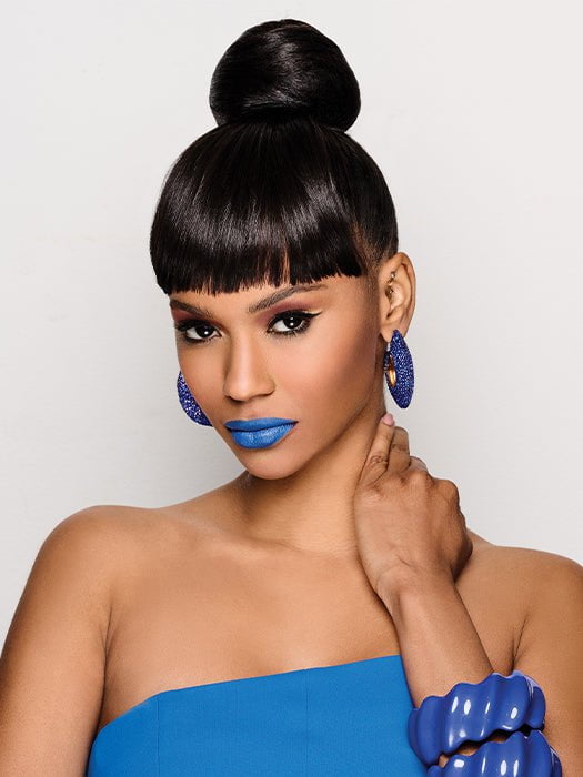 SLEEK STYLE BUN & BANGS by Kim Kimble in MC2/4 CHOCOLATE TRUFFLE | Black Evenly Blended with Dark Brown Highlights