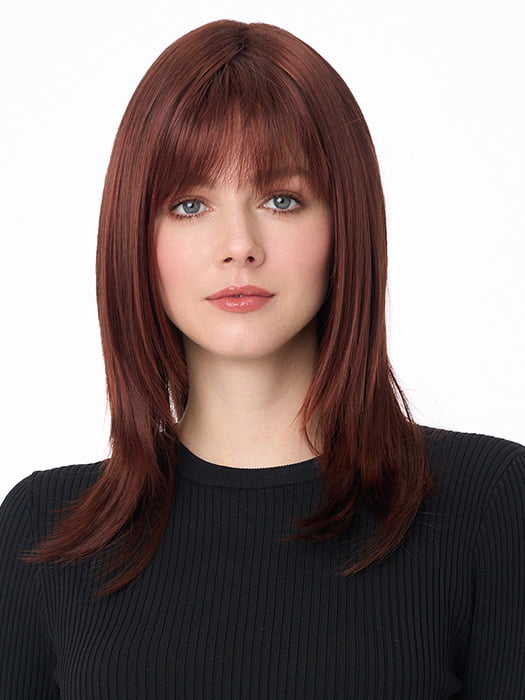 Model is wearing KATE by ENVY in color DARK-RED | Auburn with Brighter Red highlights
