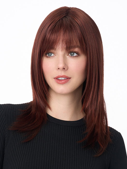Model is wearing KATE by ENVY in color DARK-RED | Auburn with Brighter Red highlights