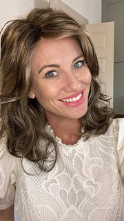 Jenny wearing KATHERINE by JON RENAU in  10RH16 CAFFE MOCHA | Light Brown with 33% Light Natural Blonde Highlights