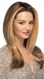 LEADING EDGE in color EL17/23R8| Pale Auburn Beige Blonde Blend, Rooted Medium Brown, Highlighted Light Blonde with face framimg highlights