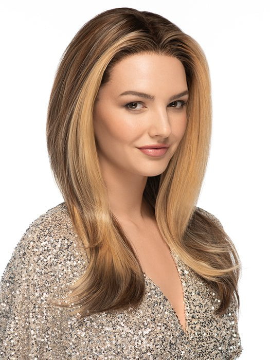 LEADING EDGE in color EL17/23R8| Pale Auburn Beige Blonde Blend, Rooted Medium Brown, Highlighted Light Blonde with face framimg highlights
