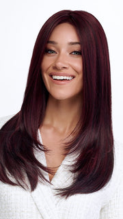 Model is wearing LEADING EDGE by TRESSALLURE in color 1B/BURG | Black with Burgundy