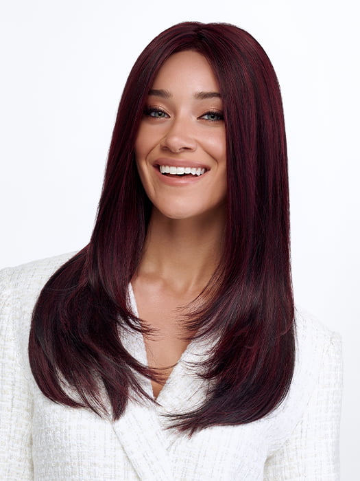 Model is wearing LEADING EDGE by TRESSALLURE in color 1B/BURG | Black with Burgundy