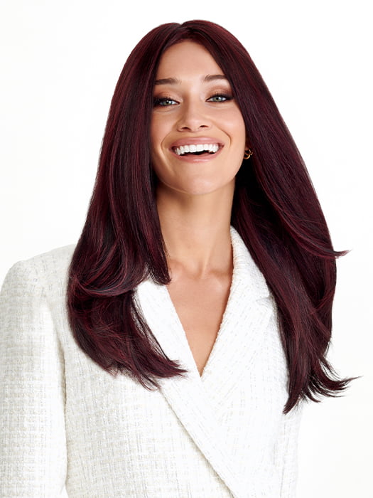 Model is wearing LEADING EDGE by TRESSALLURE in color 1B/BURG | Black with Burgundy